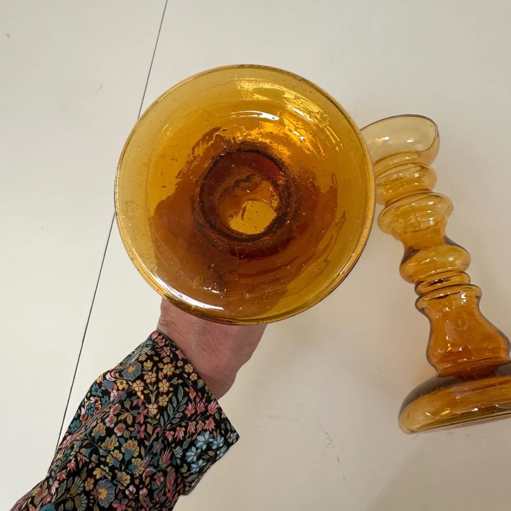 Two Amber Glass Candle Holders for Pillar Candles Handblown Vintage
